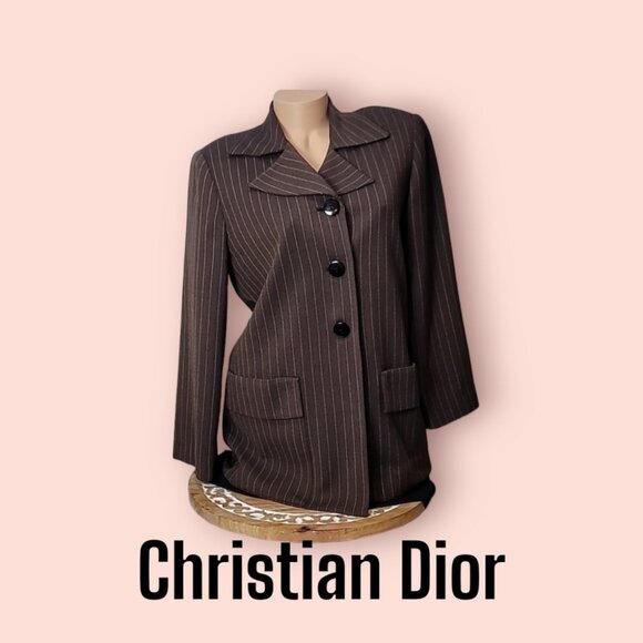 Christian Dior Brown Pinstripe Blazer Jacket Womens Size 12 Classic Tailored Loo - Picture 1 of 15